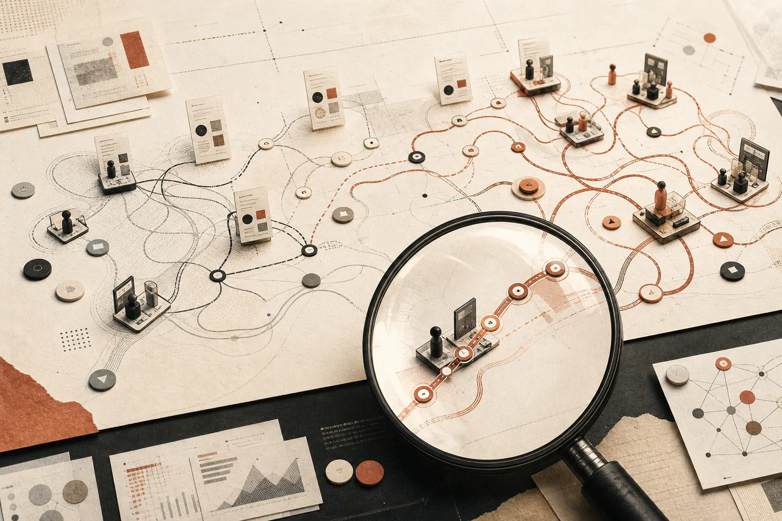 An editorial talent map showing many AI work traces and one operator path examined through a scoring lens