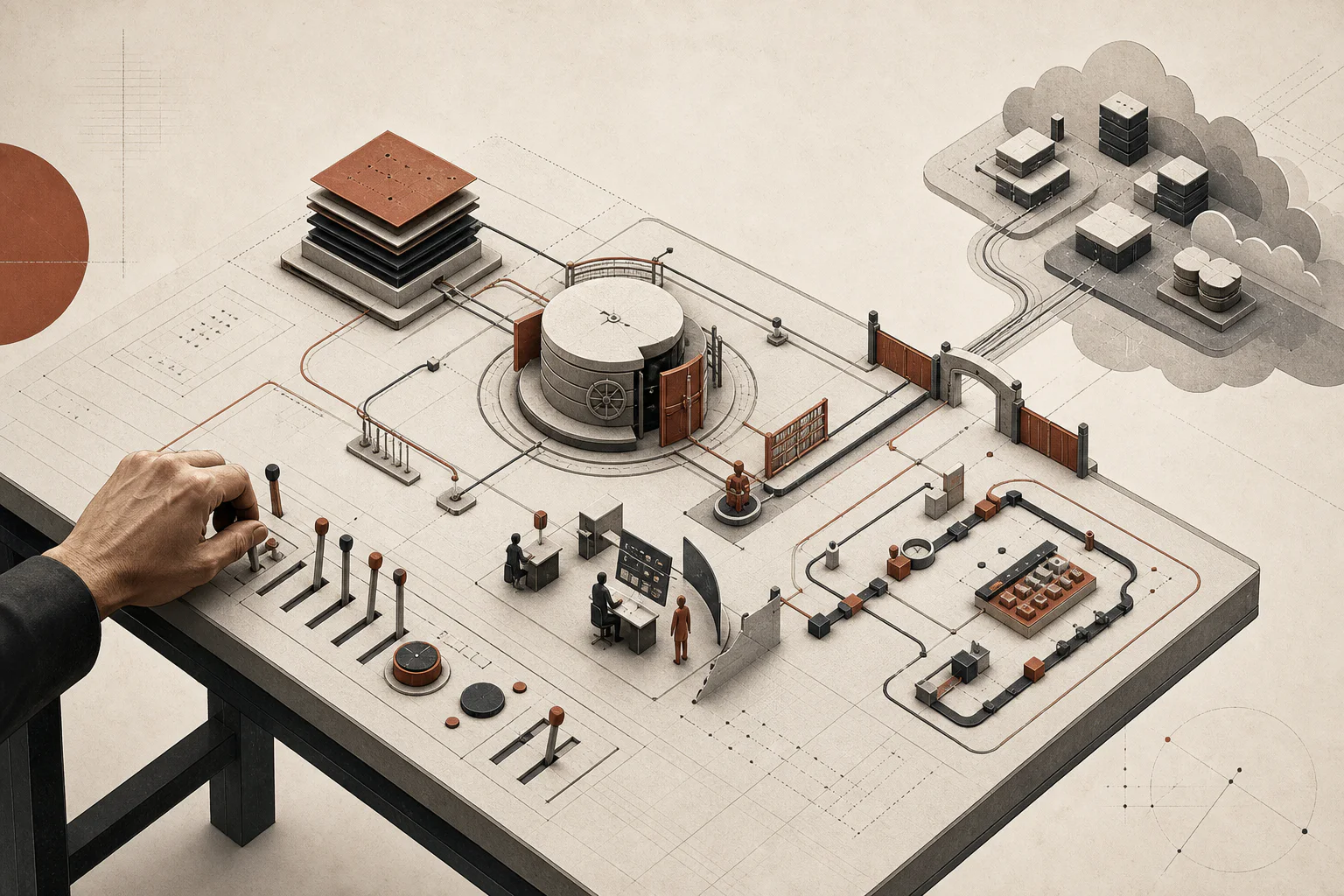 An editorial systems map with company controls, a central data vault, workflows, and external cloud infrastructure